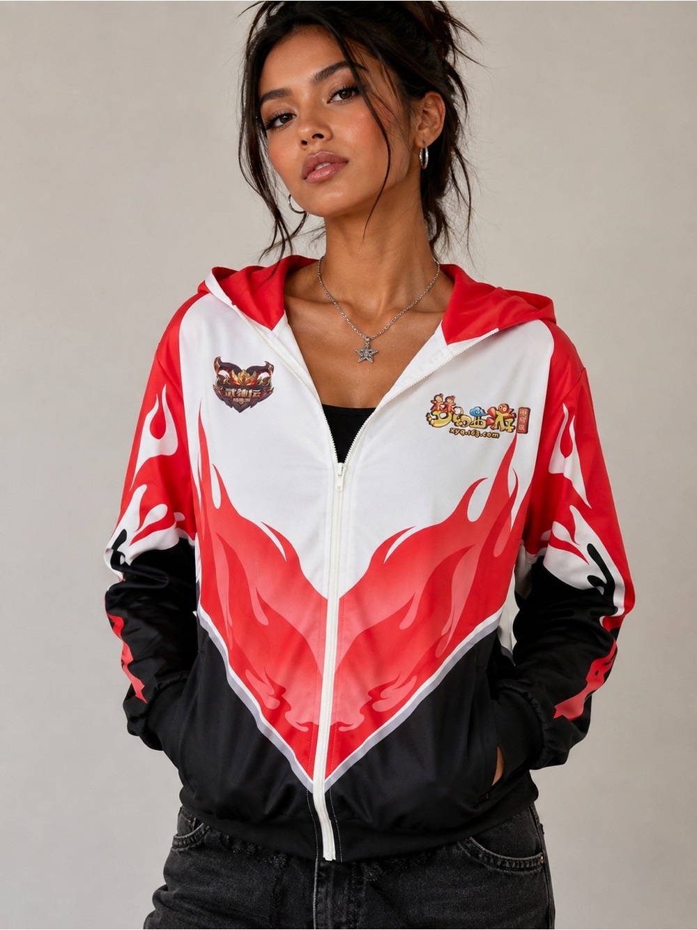 SHEIN Y2K Red Black Flame Graphic Zip-Up Hoodie Jacket XL